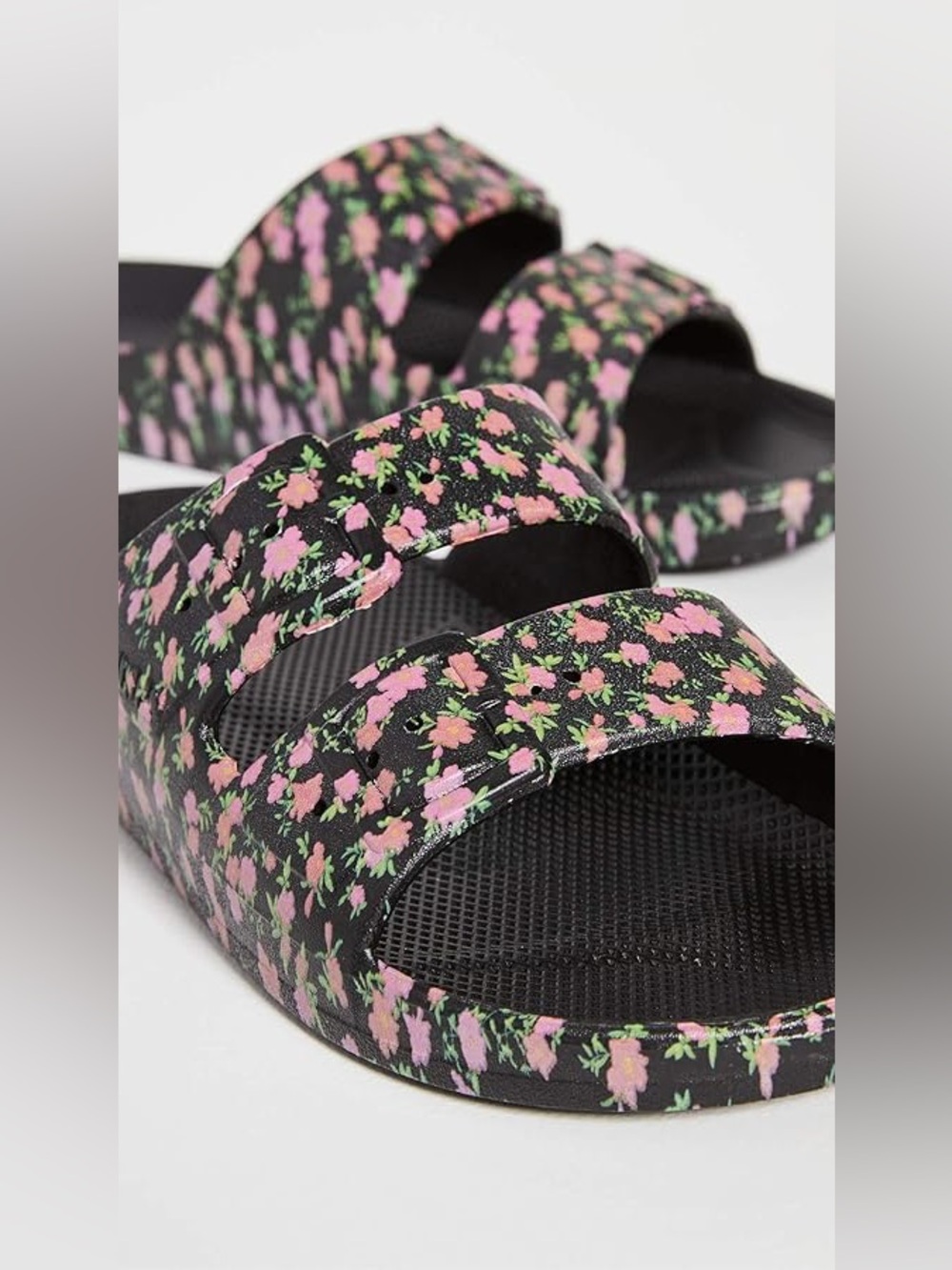 NWT [Freedom Moses] Duel Band Floral Slides Sandals Black/Pink Women’s 11-12 - Picture 3 of 11
